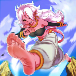 5_toes armwear barefoot black_sclera breasts clothing ear_piercing feet female foot_focus hair humanoid_feet humanoid_pointy_ears jewelry long_hair not_furry piercing pink_body pink_skin plantigrade pointy_ears red_eyes soles solo toes white_hair scamwich dragon_ball dragon_ball_fighterz android_21 majin_android_21 alien alien_humanoid humanoid majin 1:1 hi_res