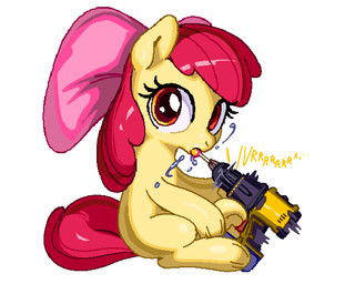 accessory bodily_fluids bow_ribbon candy dessert eating eyelashes female feral food hair hair_accessory hair_bow hair_ribbon hooves lollipop long_hair onomatopoeia orange_eyes power_drill red_hair red_tail ribbons saliva solo sound_effects tail text white_body yellow_body mouseuart friendship_is_magic hasbro my_little_pony apple_bloom_(mlp) earth_pony equid equine horse mammal pony 5:4 hi_res