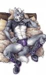 anthro bed black_clothing black_shirt black_topwear boots briefs bulge clothed clothing clothing_lift collar footwear furniture harness male pillow purple_clothing purple_underwear shirt shirt_lift shoes solo spiked_collar spikes t-shirt topwear underwear neverwolf nintendo star_fox wolf_o'donnell canid canine canis mammal wolf hi_res