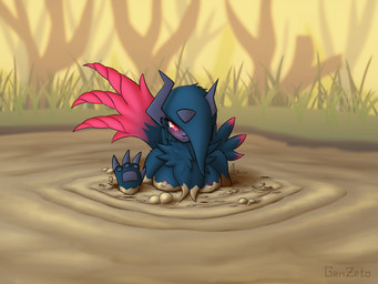 anthro areola black_body black_fur blush breasts bubble chest_tuft eyelashes female fur horn mud nipples nude quicksand red_eyes sinking solo stuck tuft genzeto nintendo pokemon generation_9_pokemon mega_absol_z mega_evolution pokemon_(species) 2026 hi_res