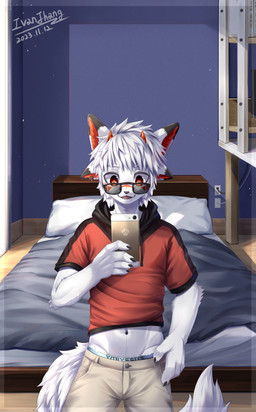 5_fingers anthro athletic athletic_anthro athletic_male athletic_young bed bedding bedroom black_clothing black_hoodie black_topwear blanket bottomwear bottomwear_down cellphone clothed clothing desk detailed_background drawstring electrical_cord electrical_outlet electrical_plug electronics eyewear facial_markings fingers fluffy fluffy_tail front_view fully_clothed fur furniture glasses hair head_markings hoodie horn inside male markings midriff mirror_selfie navel open_mouth pants pants_down partially_clothed partially_visible_underwear phone pince-nez red_clothing red_eyes red_hoodie red_topwear selfie shota smartphone smile socket solo sunglasses table tail topwear two_tone_hoodie underwear_elastic_band white_body white_fur white_hair white_tail young ivan-jhang mythology ivan_(ivan-jhang) canid canine canis dragon hybrid mammal mythological_creature mythological_scalie scalie wolf 2023 absurd_res digital_media_(artwork) hi_res