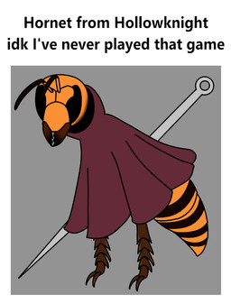 antennae_(anatomy) anthro arthropod_abdomen cloak clothed clothing compound_eyes exoskeleton female humor mandibles melee_weapon no_pupils simple_background solo text weapon redcrystal hollow_knight_(franchise) team_cherry hornet_(hollow_knight) arthropod hornet hymenopteran insect vespid wasp english_text meme