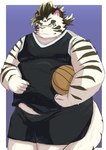 anthro ball basketball_(ball) belly blue_eyes bottomwear bulge clothing eyewear fur glasses male overweight shirt shorts solo striped_body striped_fur stripes tank_top topwear white_body white_fur oyusan_oekaki lifewonders tokyo_afterschool_summoners licho_(tas) felid mammal pantherine tiger absurd_res hi_res