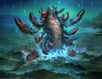 ambiguous_gender blue_body blue_exoskeleton claws destruction detailed_background exoskeleton macro outside partially_submerged seaside ship solo vehicle water watercraft wet svetlin_velinov hasbro magic:_the_gathering wizards_of_the_coast arthropod crab crustacean decapod malacostracan monster 2020 hi_res official_art