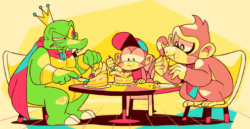 annoyed anthro blush cape chair clothing crown eating feet food fur furniture group hat headgear headwear male muscular muscular_male pecs prehensile_feet sitting table toes ajuka donkey_kong_(series) nintendo diddy_kong donkey_kong_(character) king_k._rool ape haplorhine kremling mammal monkey primate scalie 2019