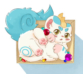 2_horns 3_fingers 3_toes ambiguous_gender arm_markings big_tail black_nose blue_eyes blue_markings blue_tail blush blush_lines box container feet feral fingers fluffy fur fur_markings glistening glistening_eyes green_eyes horn inner_ear_fluff kemono looking_at_viewer markings open_mouth pawpads pink_inner_ear pink_pawpads round_ears simple_background solo tail toes tuft white_background yellow_eyes yellow_horn gaogomon fabulous_beasts fenz_(studio) mythology tianlu_(fabulous_beasts) mythological_creature pixiu hi_res