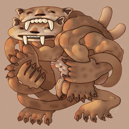 abs anthro big_feet big_penis bite canines_(teeth) caricature claws duo feet flaccid foreskin genitals humanoid_feet intertwined long_tail male male/male muscular muscular_male penis plantigrade riding_on_back silly_face silly_pose simple_background soles spots tail tan_body vein veiny_penis ravuer felid mammal prehistoric_species saber-toothed_tiger smilodon 1:1 hi_res