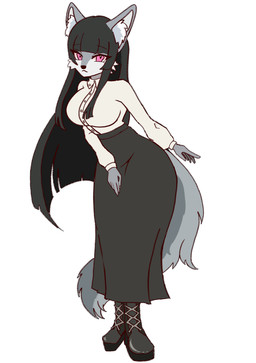 anthro bent_over big_breasts big_ears black_boots black_clothing black_dress black_footwear black_hair boots breasts button_(fastener) cheek_tuft clothing collared_shirt dress dress_shirt eyebrow_through_hair eyebrows eyelashes eyelashes_through_hair facial_tuft female footwear fur grey_body grey_fur hair hand_on_leg humanoid_hands inner_ear_fluff long_hair looking_at_viewer multicolored_body multicolored_fur red_eyes shirt shoes small_mouth small_nose snout solo standing tail tail_tuft topwear translucent translucent_hair tuft two_tone_body two_tone_fur two_toned_tail white_clothing white_shirt white_topwear yellow_sclera nasukeke_l_nuwa himezawa_lawchi canid canine canis dire_wolf mammal prehistoric_species wolf hi_res