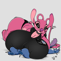 3_toes 4_fingers alternative_fashion antennae_(anatomy) anthro big_breasts big_butt black_clothing black_eyes black_panties black_shirt black_topwear black_underwear blue_body blue_claws blue_finger_claws blue_fur blue_pawpads breast_smother breasts butt cellphone claws cleavage closed_frown clothed clothing collar dipstick_ears duo ear_markings electronics ellipsis eyelashes eyeshadow feet female finger_claws fingers frown fur goth huge_breasts huge_butt hyper hyper_breasts lidded_eyes long_ears looking_at_viewer lying makeup male markings mouth_closed multicolored_ears on_side panties pawpads phone pink_antennae pink_body pink_ears pink_fur purple_claws purple_finger_claws purple_nose scut_tail shirt short_tail smartphone smothering tail toes topwear underwear conditional_dnp digitaldomain123 disney lilo_and_stitch angel_(lilo_and_stitch) stitch_(lilo_and_stitch) alien experiment_(lilo_and_stitch) 1:1 2026 absurd_res digital_drawing_(artwork) digital_media_(artwork) hi_res