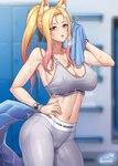 blonde_hair bodily_fluids breasts cleavage clothed clothing female hair hand_on_hip solo sweat gonster league_of_legends riot_games tencent ahri_(lol) animal_humanoid humanoid hi_res