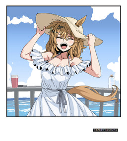 :d accessory blue_sky bottle breasts brown_hair brown_tail cleavage clothed clothed_female clothed_humanoid clothing cloud collarbone container day dress eyes_closed female furgonomic_hat furgonomic_headwear furgonomics hair hair_accessory hairclip hat headgear headwear holding_clothing holding_hat holding_headgear holding_headwear holding_object open_mouth open_smile outside railing sky smile solo sun_hat sundress tail teeth text white_clothing white_dress white_sundress formicid_(artist) cygames uma_musume_pretty_derby jungle_pocket_(pretty_derby) animal_humanoid equid equid_humanoid equine equine_humanoid horse_humanoid humanoid mammal mammal_humanoid korean_text translation_request