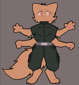 4_arms 4_fingers anthro belt clothing digitigrade fingers fur head_tuft jumpsuit multi_arm multi_limb orange_body orange_fur pawpads pink_eyes simple_background solo tail tuft barleys_shield casualties:_unknown gunsaw gunsawian orange_(gunsawian)