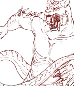 5_fingers anthro cheek_horn claws collarbone convenient_censorship earless empty_eyes fangs finger_claws fingers long_tail male male_anthro open_mouth sharp_teeth solo spiked_arms tail tail_censorship tapering_tail teeth suicidalstanley sacred_(video_game_series) sacred_2 thq_nordic demon scalie 2020 digital_media_(artwork) hi_res line_art monochrome red_and_white unfinished
