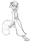 2023 3_toes anthro claws cloche_hat clothing coat feet female hat headgear headwear hi_res lenyavok mammal monochrome nicky_(lenyavok) procyonid raccoon smile solo toes topwear trenchcoat