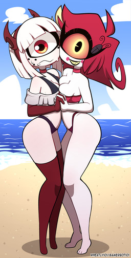 1_eye accessory armwear bare_shoulders barefoot beach belly_to_belly bikini bikini_thong black_bikini_top black_lips blue_sky blush blush_stickers bodily_fluids breast_squish breasts breasts_frottage bug_hairpin cheek_to_cheek choker cleavage clothed clothing cloud duo elbow_gloves eyelashes fake_horns feet female female/female freckled_face freckles gloves grin hair hair_accessory hairband hairpin hand_holding handwear happy horned_hairband jewelry legwear lips looking_at_viewer necklace nervous orange_sclera outside pie_cut_eyes purple_bikini_bottom red_armwear red_bikini red_choker red_clothing red_elbow_gloves red_eyes red_gloves red_hair red_handwear red_jewelry red_legwear red_necklace red_stockings red_swimwear red_thigh_highs sea sharp_teeth short_hair sky smile squiggle_mouth squish stockings strapless_bikini strapless_clothing strapless_swimwear sweat swimwear teeth thigh_highs two-piece_swimsuit water white_hair yellow_eyes barryfactory hazbin_hotel hellaverse niffty_(hazbin_hotel) suzie_(barryfactory) cyclops demon humanoid 2024 absurd_res full-length_portrait hi_res portrait