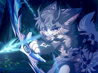 2_horns anthro big_eyes biped bow_(weapon) cute_fangs fangs fur grey_body grey_fur horn kemono male purple_eyes ranged_weapon slim_anthro slim_male solo teeth weapon white_body white_fur hlg7777 canid canine fox mammal 2020 4:3 hi_res