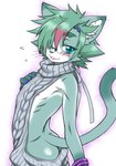 anthro back-tie_clothing back-tie_sweater back-tie_topwear backless_clothing backless_topwear bare_back blush butt clothed clothing countershading crossdressing eyewear femboy fur glasses green_body green_eyes green_fur green_hair hair halterneck kemono looking_at_viewer male nipples open-back_clothing open-back_sweater open-back_topwear simple_background smile smiling_at_viewer solo sweater tail tied_clothing tied_sweater tied_topwear topwear virgin_killer_sweater whiskers white_background white_body white_countershading nakagami_takashi meme_clothing seiji_(nakagami_takashi) domestic_cat felid feline felis mammal 2017 hi_res meme