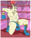 abs anthro beard black_horn blue_clothing boots border boxing boxing_gloves brown_eyes bulge chest_tuft clothing facial_hair fighting_ring footwear fur goatee grey_hair hair handwear horn kneeling male mature_anthro mature_male mouthguard muscular muscular_anthro muscular_male ponytail pubes shoes solo sport thong tuft underwear white_body white_border white_fur dcheese bovid caprine goat mammal absurd_res hi_res