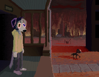 anthro building burning city clothing detailed_background group hoodie house male outside standing topwear trio yellow_clothing yellow_hoodie yellow_topwear demensa canid canine canis domestic_dog mammal 2020 digital_media_(artwork) pixel_(artwork)