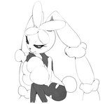 anthro eyelashes fluffy fluffy_tail hand_on_hand looking_back scut_tail short_tail simple_background solo tail pikative nintendo pokemon generation_6_pokemon mega_evolution mega_lopunny pokemon_(species) hi_res monochrome