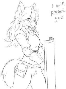 anthro armor belt clothing female female_anthro leggings legwear looking_at_viewer medium_hair shield side_view solo text eneki_sei canid canine canis humanoid mammal wolf 3:4 detailed digital_drawing_(artwork) digital_media_(artwork) monochrome portrait sketch three-quarter_portrait
