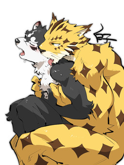 anthro blush duo eyes_closed from_behind_position hug hugging_another hugging_from_behind licking male muscular muscular_arms muscular_legs neck_lick nude sex tongue tongue_out shirako lifewonders tokyo_afterschool_summoners masanori_(tas) ose_(tas) canid canine canis domestic_dog felid leopard mammal nordic_sled_dog pantherine spitz 3:4 hi_res