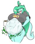 anthro belly belly_inflation big_belly body_outline butt_imprint clothing emoji_clothing female female_pred female_prey flustered_face_emoji green_hair hair huge_belly inflation long_hair one_eye_closed oral_vore simple_background solo text text_on_clothing tongue tongue_out vore white_background fairyfud bulging_smiley_shirt_meme rose_(fairyfud) scalie 2023 digital_media_(artwork) hi_res