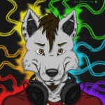 anthro brown_eyes brown_hair ear_piercing electronics facial_hair goatee hair headphones headphones_around_neck jewelry male necklace piercing rainbow rave smile solo ace_stryker canid canine canis mammal wolf 1:1 2012 bust_portrait portrait