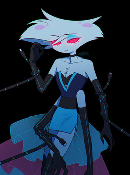 4_arms cartoon_freckles chest_tuft choker clothing dress freckled_shoulders freckles glowing glowing_eyes hypnotic_eyes jewelry male mind_control multi_arm multi_limb necklace ringed_eyes solo tuft enaic31 hazbin_hotel hellaverse angel_dust arachnid arthropod demon humanoid spider hi_res