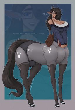 bag big_breasts black_hair book breasts bulge cleavage clothed clothing eyewear glasses gynomorph hair heart_symbol hooves intersex legwear panties purple_eyes rectangular_glasses shoulder_bag solo stockings sweater topwear underwear wmdiscovery93 european_mythology greek_mythology mythology marie_(wmdiscovery93) centaur equid equid_taur humanoid_taur mammal mammal_taur taur digital_media_(artwork) hi_res