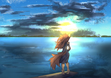 anthro bare_shoulders barefoot biped brown_body brown_fur brown_hair clothing cloud cowlick detailed_background digitigrade dress feet female female_anthro fur hair leg_tuft long_hair messy_hair outside paws reflection shadow sky soles solo standing sun sunrise toes tuft water tinygaypirate apogee_(tinygaypirate) canid canine canis domestic_dog mammal spitz absurd_res hi_res