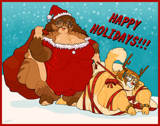 anthro antler_headband antlers belly big_belly border christmas_clothing christmas_headwear clothed clothed_anthro clothed_female clothing duo eyewear female glasses hair hat headgear headwear holidays horn huge_belly male morbidly_obese morbidly_obese_anthro morbidly_obese_female morbidly_obese_male obese obese_anthro obese_female obese_male open_mouth overweight overweight_anthro overweight_female overweight_male partially_clothed red_border santa_hat simple_background skimpy smile tail text wearing_glasses wrapped_up wrapping catboyz christmas gabe_(catboyz) mika_(catboyz) canid canine canis domestic_cat domestic_dog felid feline felis mammal digital_media_(artwork) english_text hi_res