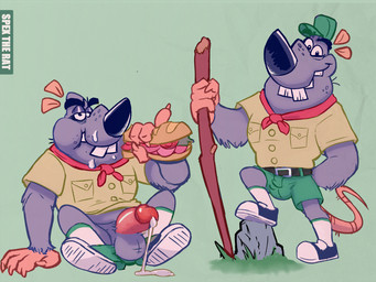 anthro balls biped black_nose bodily_fluids bottomwear bulge clothing cum eating food genital_fluids genitals hat headgear headwear male penis sandwich_(food) shirt shorts sitting solo topwear spectral-bat nickelodeon t.u.f.f._puppy verminious_snaptrap mammal murid murine rat rodent 2025 hi_res