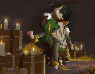 annoyed anthro bracelet brown_hair candle candlelight chain chair coin container crown crystal cup detailed_background duo eye_contact fur furniture gem gold_(metal) gold_bracelet gold_coin gold_hoard gold_jewelry green_eyes grey_body grey_fur hair hand_on_shoulder headgear hoard holding_key holding_object horn jewelry key light lit_candle looking_at_another male moody_lighting necklace on_chair pawpads pink_pawpads pink_tongue quartz_(gem) red_eyes scenery serious_face sitting sitting_on_chair size_difference slight_blush smug_face storage_box storage_container tongue tongue_out vase yellow_horn 2001maxx conditional_dnp mythology dawnsnout_smootheye maxx_(2001maxx) canid canine canis domestic_dog dragon husky jellydragon mammal mythological_creature mythological_scalie nordic_sled_dog scalie spitz absurd_res hi_res