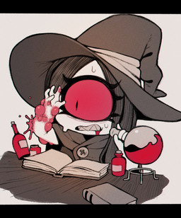black_bars book clothing female hair hat headgear headwear long_hair not_furry potion red_sclera simple_background solo witch_hat worried zombiemiso cyclops humanoid mammal hi_res letterbox sketch