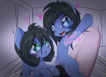 bed bestiality blue_body blue_fur blue_hair blush clothing female feral first_person_view fur furniture green_eyes green_hair group hair heart_symbol male male/female open_mouth question_mark sitting_on_crotch teasing teats trio underwear young young_female young_feral young_on_young an-m hasbro my_little_pony fan_character leaf_(an-m) tea_(an-m) equid equine horse humanoid mammal pony hi_res