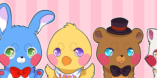 alternate_species ambiguous_gender anthro beak bib black_nose blue_body blue_eyes blue_fur bow_(feature) bow_tie brown_body brown_fur buckteeth chibi clothing eyelashes feathers fur furrification green_eyes group hat headgear headwear inner_ear_fluff long_ears pawpads pink_background pink_body pink_cheeks pink_fur pink_inner_ear purple_eyes red_cheeks ribbons semi-anthro simple_background teeth tongue tongue_out tuft white_body white_fur white_inner_ear wings yellow_body yellow_eyes yellow_feathers yellow_fur pixelatedv five_nights_at_freddy's five_nights_at_freddy's_2 scottgames mangle_(fnaf) toy_bonnie_(fnaf) toy_chica_(fnaf) toy_freddy_(fnaf) avian bear bird canid canine chicken fox galliform lagomorph leporid mammal phasianid rabbit 2014