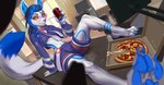 anthro beverage detailed_food food horn male paws pizza smile solo nebaglubina yuki_(yukitallorean) detailed hi_res