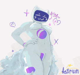 anthro breasts female fluffy fluffy_tail for_a_head haruto_fennec logo low-angle_view machine screen screen_face simple_background small_breasts solo stars_around_body tail text white_body sferum chatty_(max) domestic_cat felid feline felis mammal robot