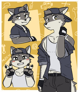 anthro bottomwear clothing fingerless_gloves fur gloves grey_body grey_fur grin hair handwear hat headgear headwear looking_at_viewer male mech_suit multicolored_body multicolored_fur pants pose shirt smile solo tank_top topwear two_tone_body two_tone_fur yellow_eyes northwoooof mech_(northwoooof) canid canine canis mammal wolf hi_res