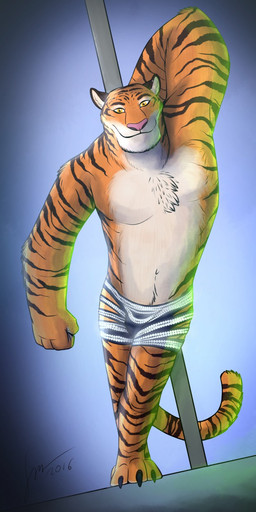 anthro black_markings black_stripes clothed clothing dancing front_view fur glistening glistening_eyes hand_behind_head male male_anthro markings mouth_closed navel orange_body orange_eyes orange_fur pink_nose pole pole_dancing simple_background solo standing striped_arms striped_legs striped_markings striped_tail stripes stripper_pole tail tail_markings topless white_body white_fur hufnaar disney zootopia tiger_dancer_(zootopia) felid mammal pantherine tiger 2016 dated full-length_portrait hi_res portrait signature