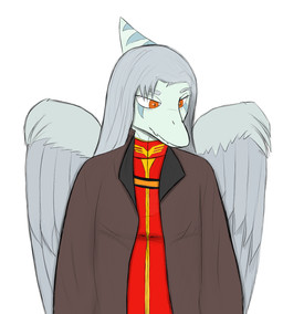 alternate_costume amber_eyes anthro blue_body bone_frill brown_clothing brown_jacket brown_topwear clothed clothed_anthro clothed_female clothing feathered_wings feathers female frill_(anatomy) front_view grey_body grey_feathers grey_hair hair jacket long_hair looking_aside looking_down markings open_clothing open_jacket open_topwear red_clothing simple_background smile solo striped_markings stripes topwear white_background wings dumacukr(d5214) goodbye_volcano_high ko_op_(game_developer) fang_(gvh) prehistoric_species pterosaur reptile scalie colored half-length_portrait hi_res portrait shaded