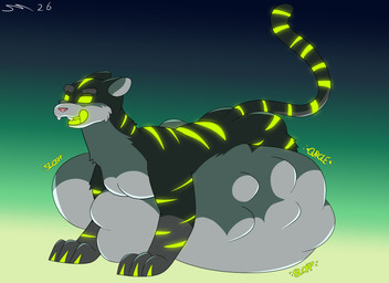 ambiguous_gender black_body black_fur feral fur glowing glowing_body glowing_eyes glowing_markings green_stripes markings simple_background solo striped_body striped_fur striped_markings striped_tail stripes tail tail_markings vore dirtymac hasbro magic:_the_gathering wizards_of_the_coast ygra_(magic:_the_gathering) felid mammal pantherine tiger absurd_res digital_media_(artwork) hi_res