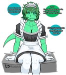 anthro breasts cleavage clothed clothing dialogue dress eyelashes female fingers freckles gloves green_body green_hair green_scales hair handwear legwear long_tail maid_uniform offscreen_character scales short_hair simple_background sitting snout solo tail teal_eyes text thigh_highs uniform white_background yellow_sclera lorddrako14 cavemanon_studios i_wani_hug_that_gator olivia_halford baryonyx dinosaur prehistoric_species reptile scalie spinosaurid theropod 2023 artist_name digital_drawing_(artwork) digital_media_(artwork) hi_res signature spanish_text translation_check translation_request