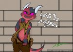 anthro bottomwear bottomwear_down clothed clothing cuneiform exposed female flashing pants pants_down partially_clothed solo text kamperkiller_(artist) lena_the_kobold kobold scalie absurd_res english_text hi_res