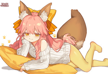 accessory bangs blush bow_ribbon braided_hair clothing emanata eyebrows eyelashes female fluffy fluffy_tail footprint hair hair_accessory hair_bow hair_ribbon hand_on_cheek hand_on_face inner_ear_fluff legwear loli long_hair looking_at_viewer lying on_pillow one_leg_up pawprint pillow pink_hair pose raised_leg ribbons simple_background smile smiling_at_viewer solo stockings sweater tail text topwear tuft yellow_eyes young young_female young_humanoid ebora fate_(series) type-moon tamamo_aria animal_humanoid canid canid_humanoid canine canine_humanoid fox_humanoid humanoid mammal mammal_humanoid artist_name digital_drawing_(artwork) digital_media_(artwork) hi_res signature