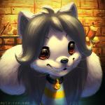 ambiguous_gender anthro clothed clothing collar cute_fangs fangs fur grey_hair hair long_hair smile solo teeth whiskers white_body white_fur mylafox undertale undertale_(series) temmie_(undertale) mammal tem 1:1 2016