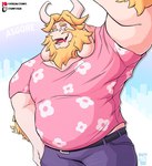 anthro arm_hair beard belly belt big_muscles blonde_hair body_hair bottomwear clothed clothing denim denim_bottomwear denim_clothing eyebrows facial_hair flower_shirt fur hair horn jeans long_ears looking_at_viewer male musclegut muscular muscular_anthro muscular_male open_mouth open_smile pants pattern_clothing pattern_shirt pattern_topwear shirt simple_background smile solo standing text topwear tuft stompsyeen patreon twitch.tv undertale_(series) asgore_dreemurr boss_monster_(undertale) bovid caprine goat mammal 2024 hi_res url