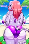 anthro back_boob big_breasts big_butt bikini breasts butt clothing female glistening glistening_clothing huge_breasts huge_butt purple_bikini purple_clothing purple_swimwear rear_view solo swimwear two-piece_swimsuit speeds felid mammal pantherine snow_leopard hi_res