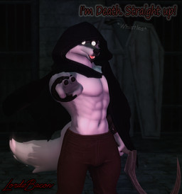 abs anthro bars black_cloak black_clothing black_nails black_nose canine_ears canine_nose canine_teeth cloak clothing coffin colored_nails dungeon fur gold_(metal) grey_body grey_fur grey_tail hood hood_up hooded hooded_cloak humanoid_hands looking_at_viewer male melee_weapon muscular muscular_anthro muscular_male nails pecs polearm prison_bars prison_cell scythe solo tail teeth tongue weapon whistling white_body white_fur lordzbacon dreamworks puss_in_boots_(franchise) death_(puss_in_boots) canid canine canis mammal wolf